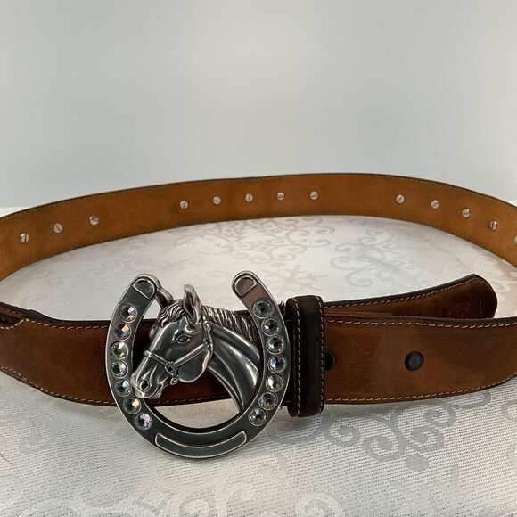 Justin Brown Leather Belt W/ Nocona Horse & Horseshoe Rhinestone Buckle Size 36 - Picture 1 of 7